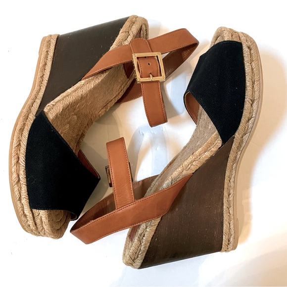 TORY BURCH Wood Wedge Heeled Espadrille Sandals Size 9 - Picture 6 of 14
